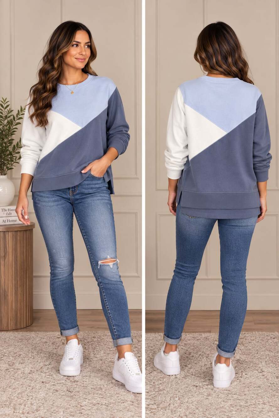 Coastal Sporty Colorblock Sweatshirt Blue White Oversized Crewneck XL
